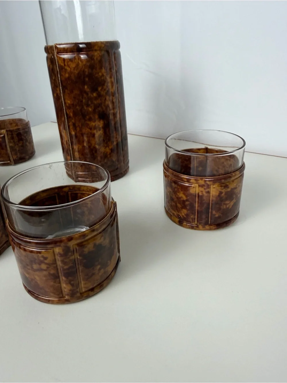 1960s Vintage Faux Tortoiseshell Glass Pitcher 5 Tumblers MCM Barware Set